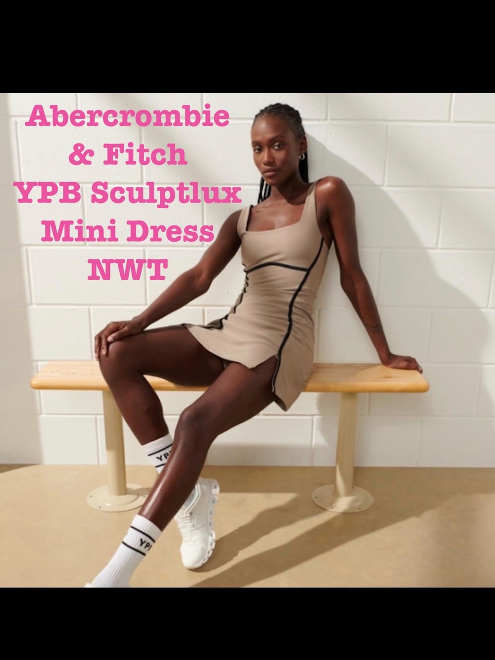 Abercrombie & Fitch Sculptlux Mini Dress in Taupe with Black Piping